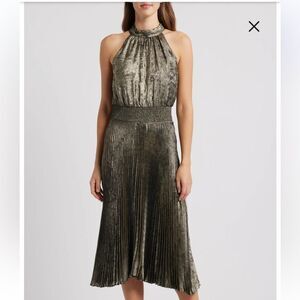 Vince Camuto Green Gold High Neck Pleated Halter Cocktail Dress | 8